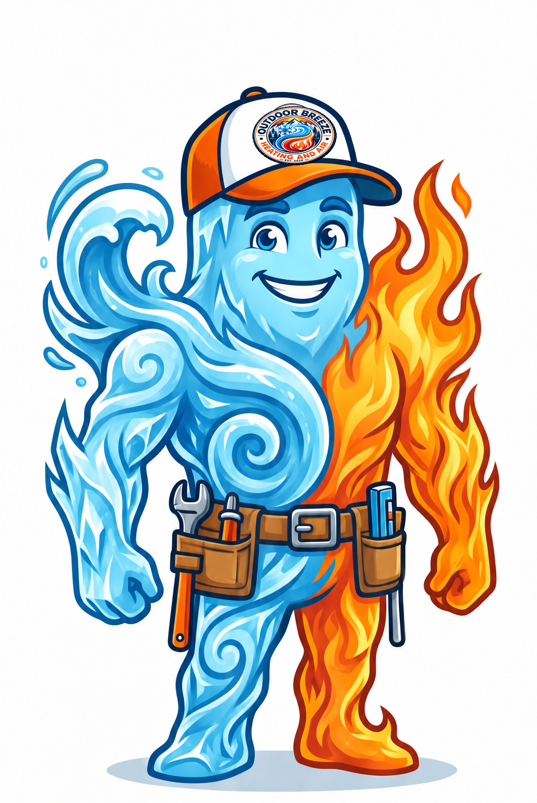 The Elementalist, the Outdoor Breeze Heating and Air mascot — half ice for cooling, half fire for heating